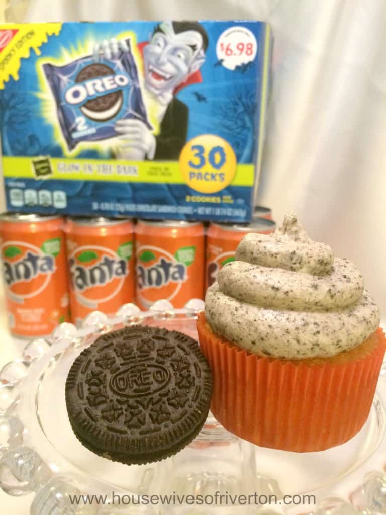 Orange Fanta Cupcakes with OREO Cookies and Cream Frosting Give these spooky delicious treats a try! #Ad #SpookySnacks #cbias @Walmart